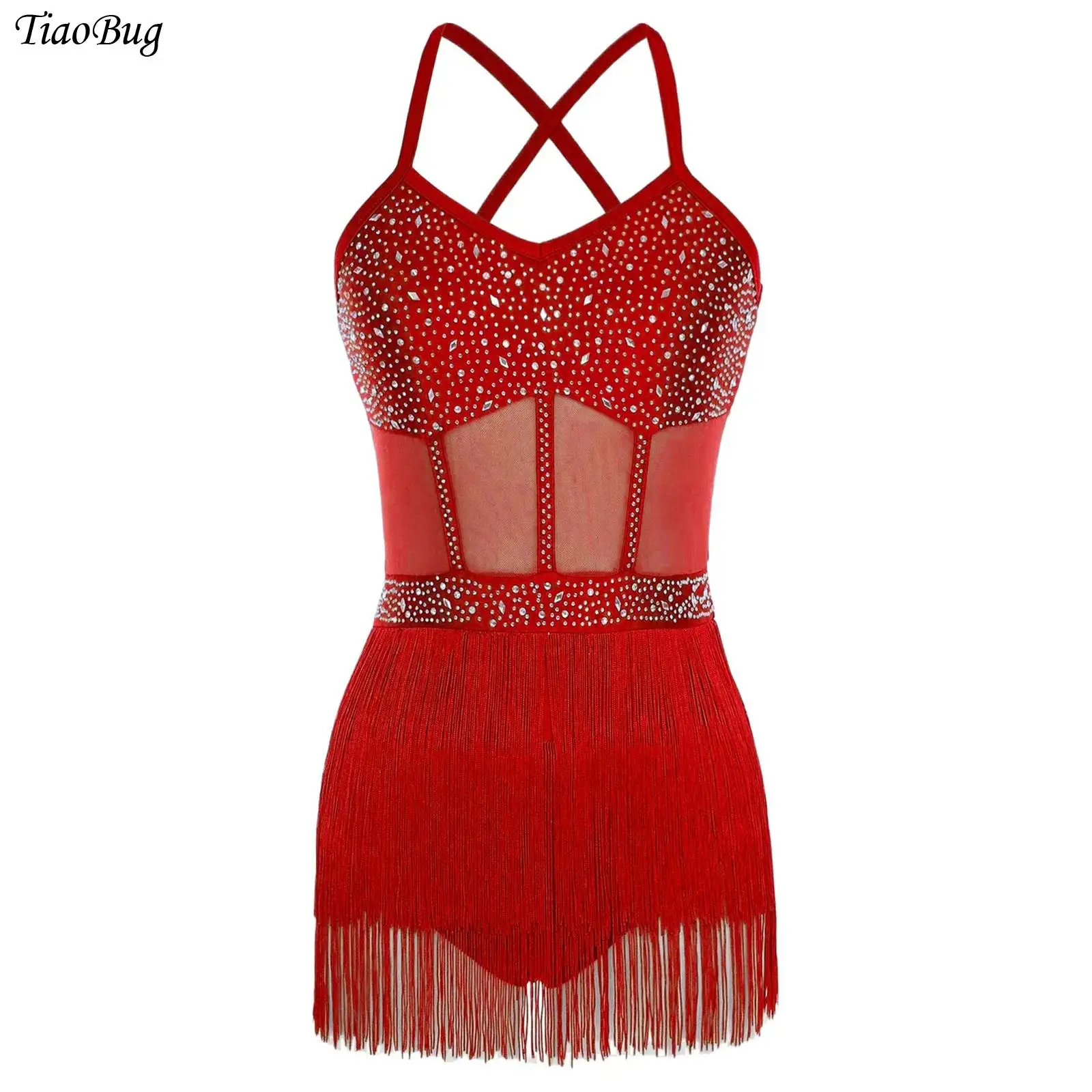 

Women Tassels Latin Dance Leotard Dress Sheer Mesh One Piece Fringe Bodysuit Rhinestone Skating Cha Cha Samba Tango Dancewear