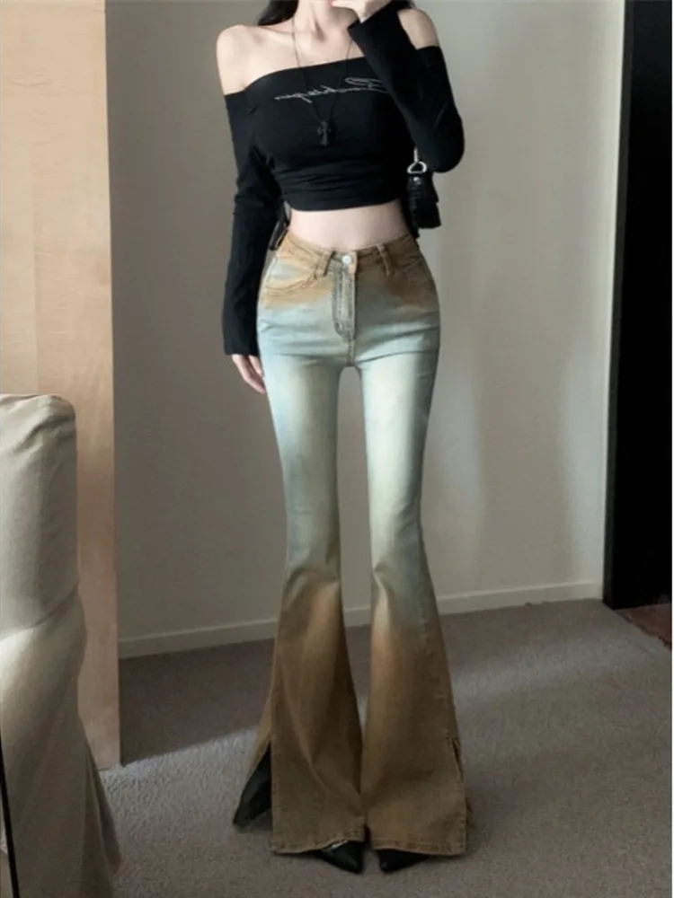 

2025 Summer Women's Vintage Slim Niche Design Gradient Slim Fit Side Slit Denim Pants Sexy Harajuku Y2K Patchwork Pants