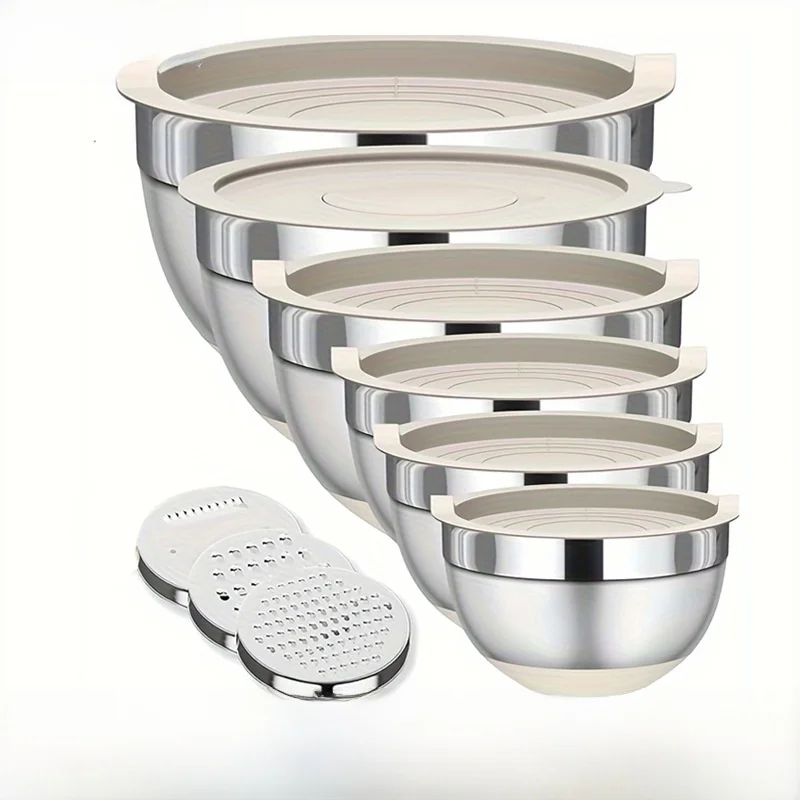 Thickened Silicone Bottom Stainless Steel Bowl Baking Tool Egg Beating Bowl Salad Bowl Cooking Set with Lid Kitchen Tools