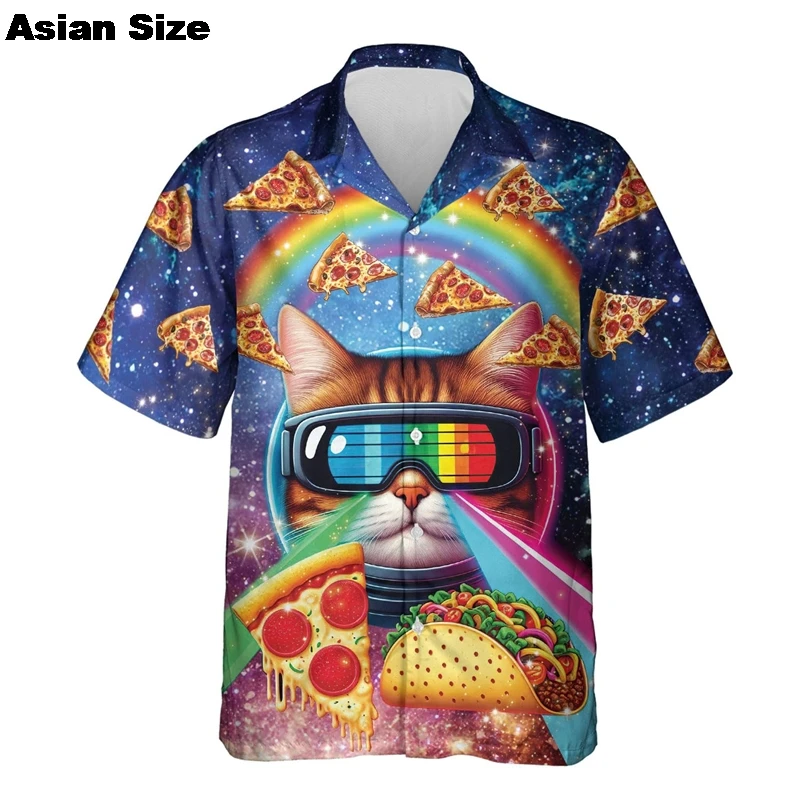 Hamburger Pizza Graphic Beach Shirt For Men Colorful Cat Planet 3D Print Hawaii 2025 Shirts Summer Loose Short Sleeve Blouses