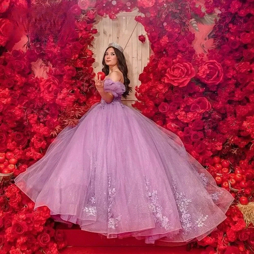 Vestidos de Quinceañera de Charro púrpura, vestido de baile con hombros descubiertos, apliques de tul, dulce mexicano, 16 vestidos, 15 años