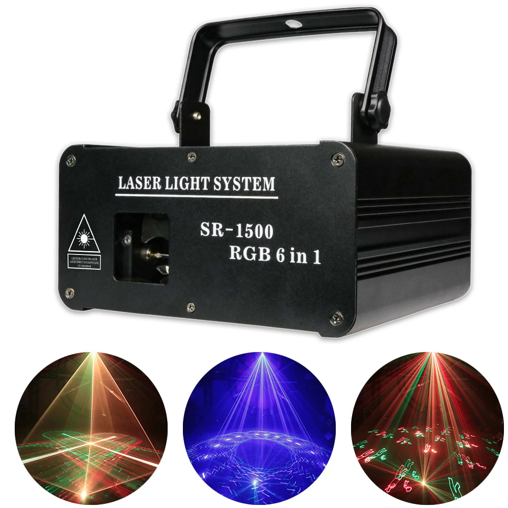 

DJ 1.5W RGB Laser Light Pattern Animation 6IN1 Projector DMX512 Control Stage Effect Lighting Disco Bar Club Laser Line Scanner