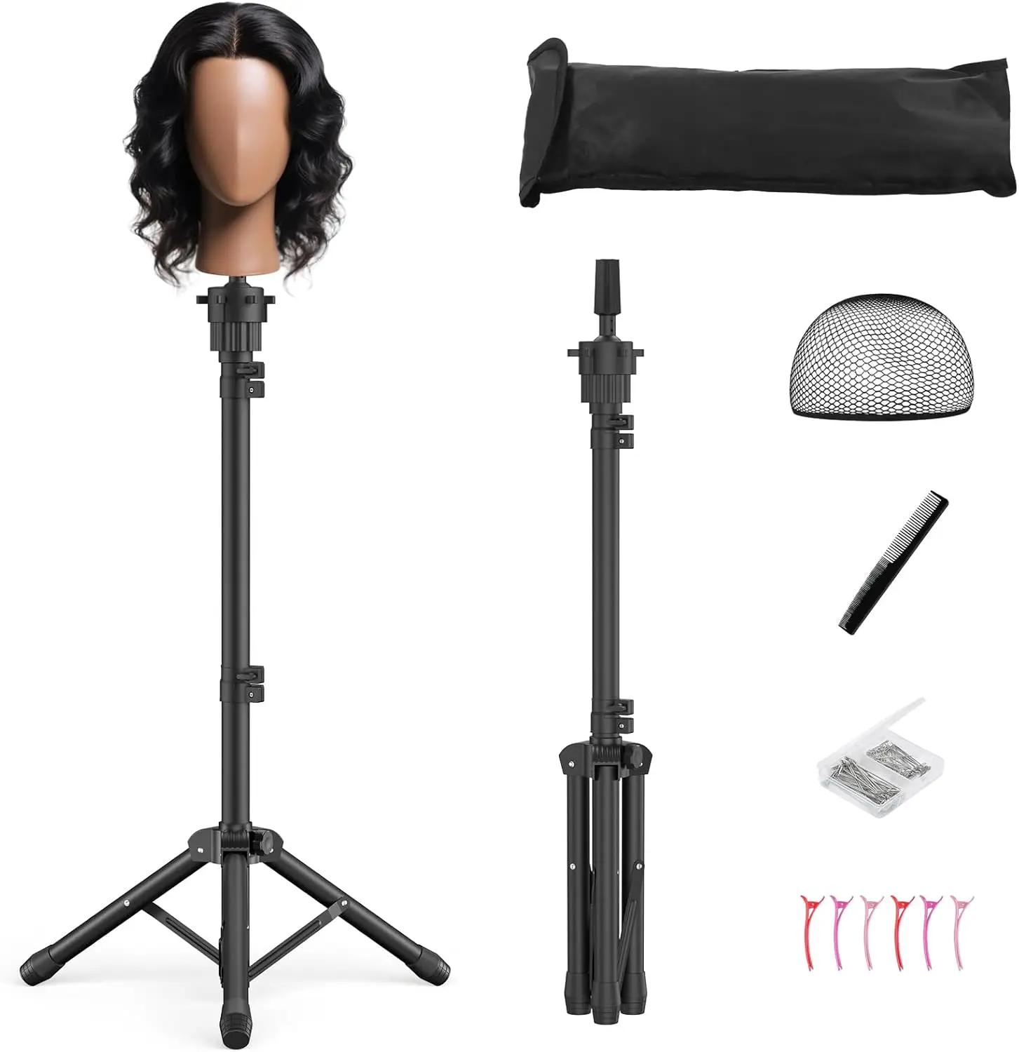 

Adjustable Wig Stand Tripod 50" with T-Pins, Comb, Hair Clips & Carrying Bag