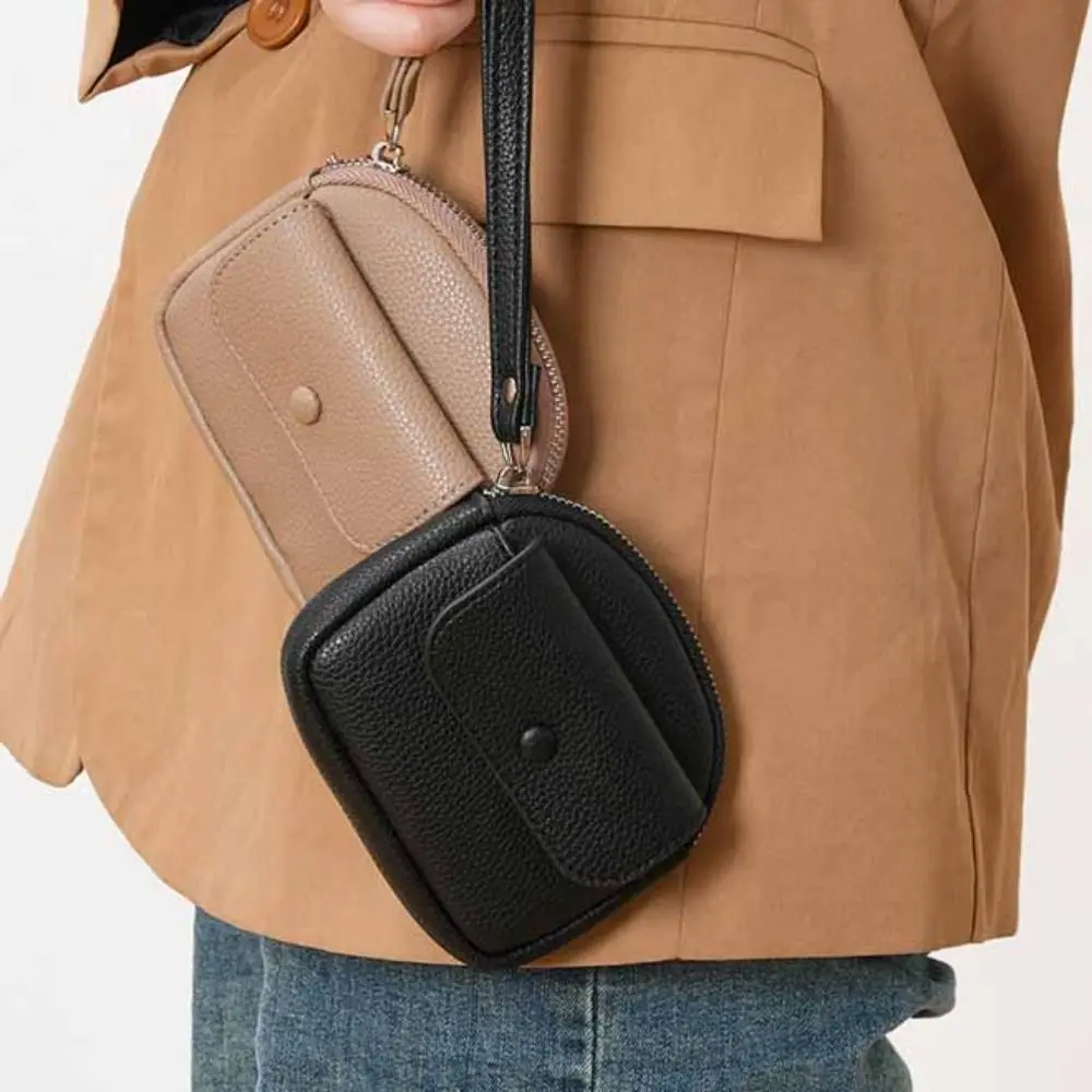 Retro with Wrist Lanyard Handheld Wallet Solid Color Korean Style Zipper Coin Purse Mini Earphone Pouch Small Item Bag Men