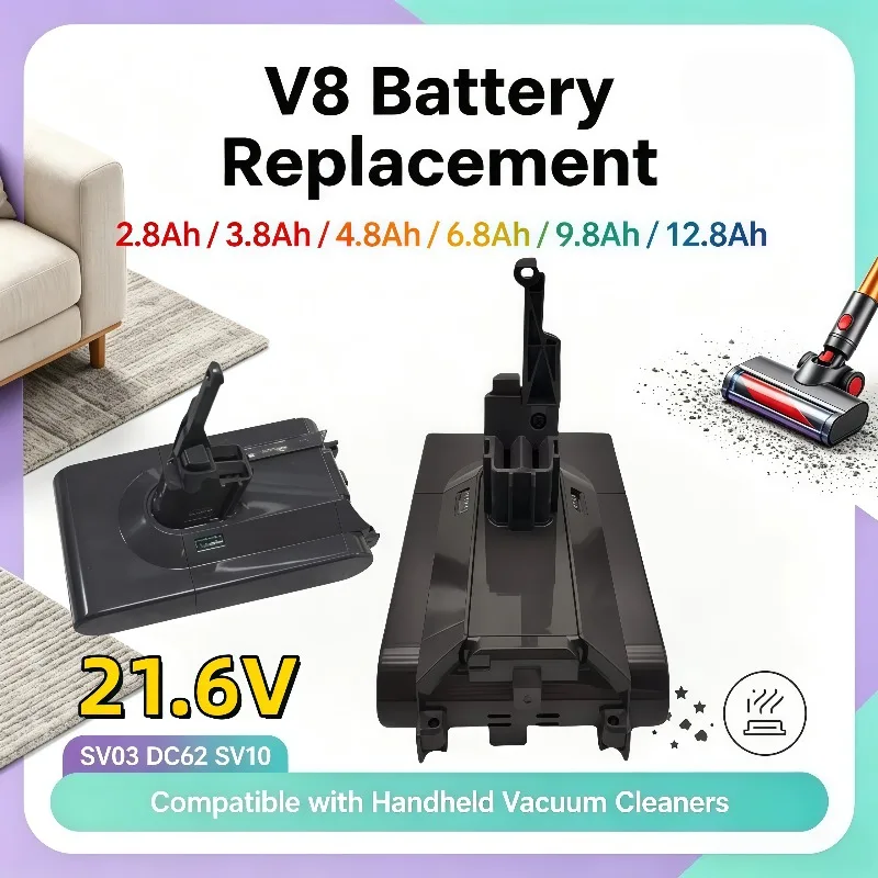 Handheld Vacuum Cleaner Replacement Battery 21.6V V8 Li‑ion 2.8Ah/3.8Ah/4.8Ah/6.8Ah/9.8Ah/12.8Ah For SV03 DC62 SV10
