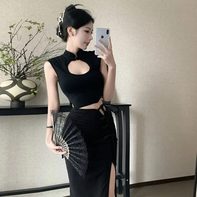 

Новый женский комплект в китайском стиле: ретро-топ с вырезами и полуюбка, модный летний образ 2026 года