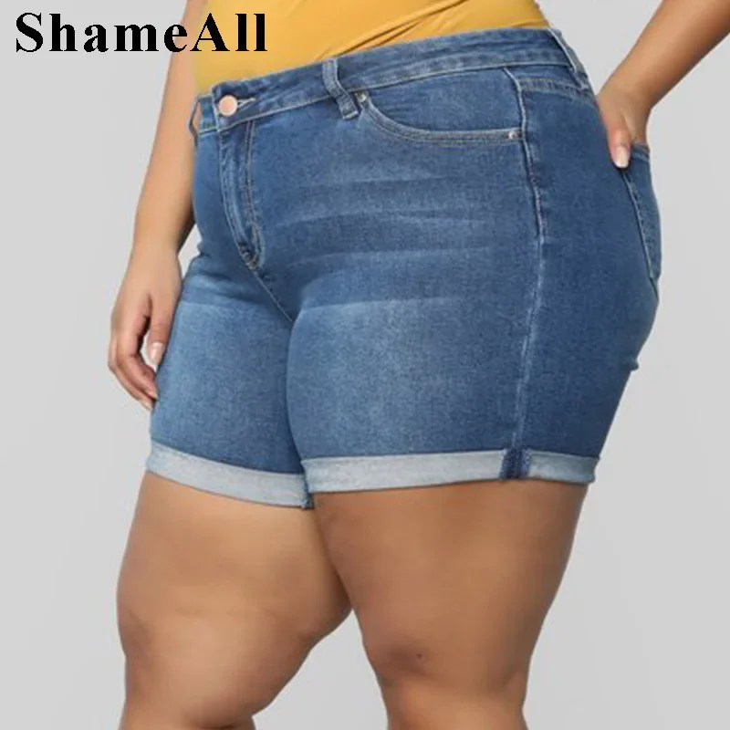 Jean slim en denim bleu pour femme, pantalon court à sertir, grande taille, 3XL, 4XL, ourlet roulé, décontracté, été