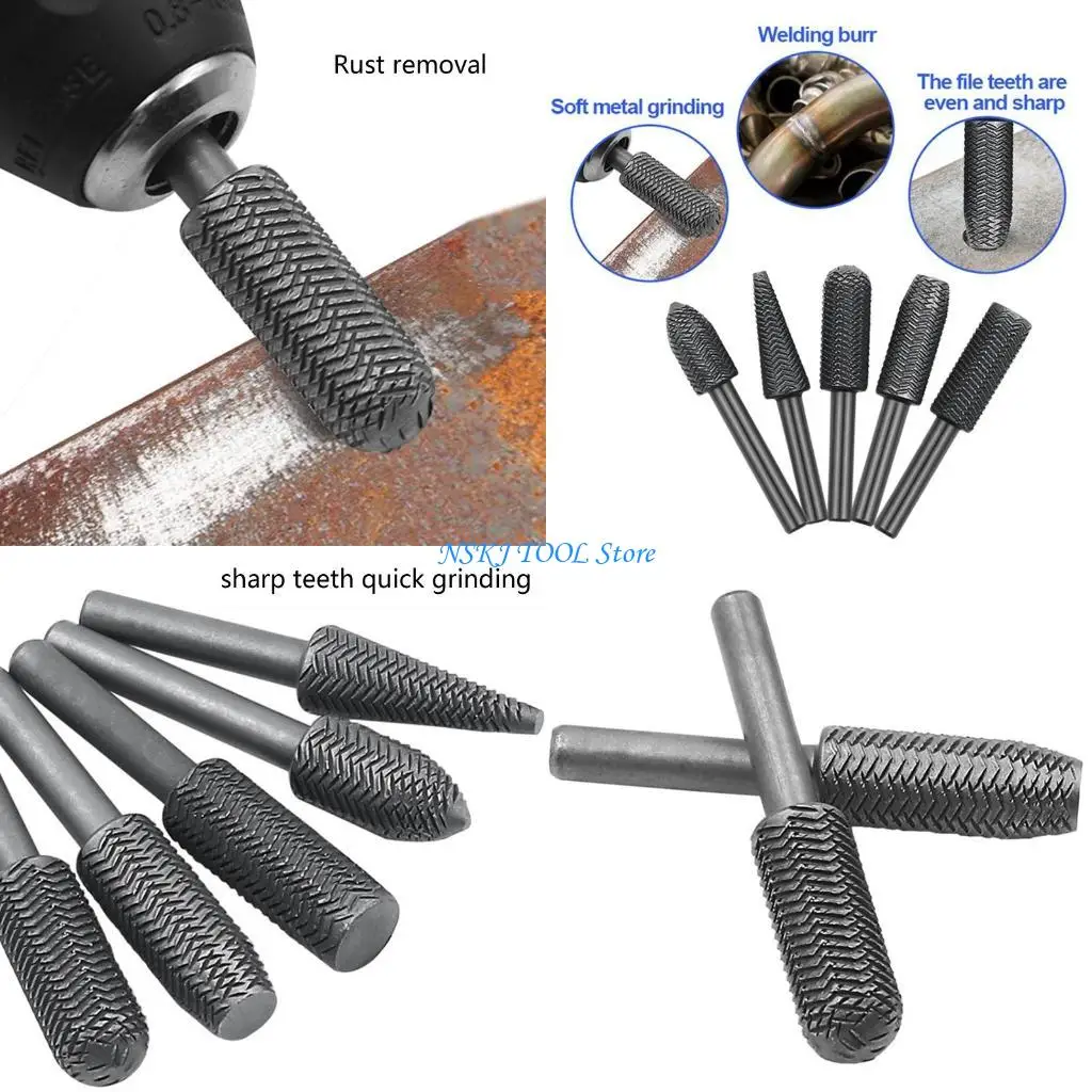 

L8RC 5 Pieces Rotary Burr Set Carving Burr Bits Carnom Steel for Woodworking Drilling