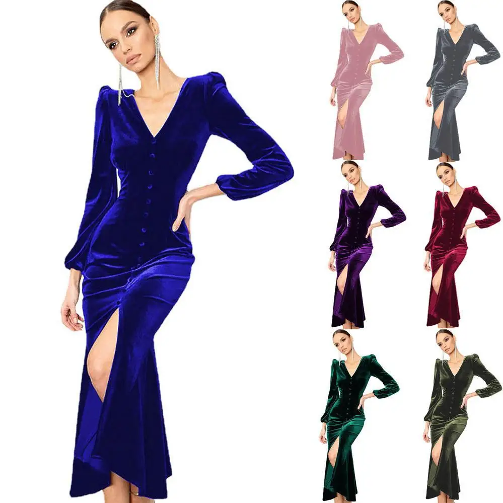 2023 Autumn Winter Elegant V Neck Velvet Dress For Women Fashion Solid Long Sleeved Ruched Shoulder Pad Party Dresses Costume