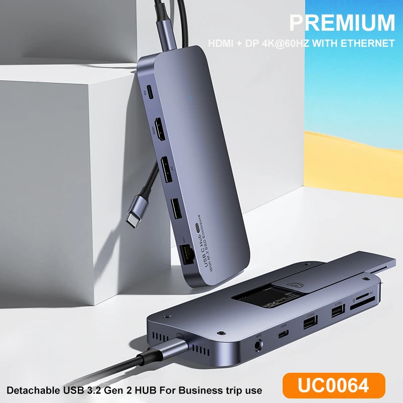 USB C MST HUB HDMI 4K60HZ DisplayPort 4K 60HZ Stasiun Dok dengan USB3.2 GEN2 10G HUB Tipe C Gigabit Ethernet Pembaca Kartu M.2 SDD