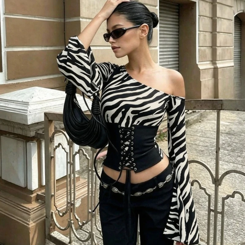 Trendix Women Zebra Print One Shoulder Long Sleeve T Shirt Top Flared Bell Sleeve Lace Up Waist Belt Slim Sexy Street Top Autumn