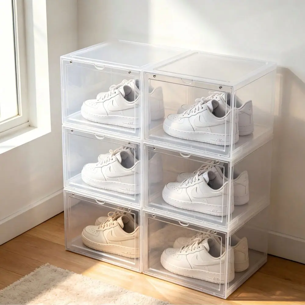 

6pcs Stackable Clear Shoe Storage Boxes, Magnetic Door Sneaker Organizer, DustProof Display Case For Closet, Entryw