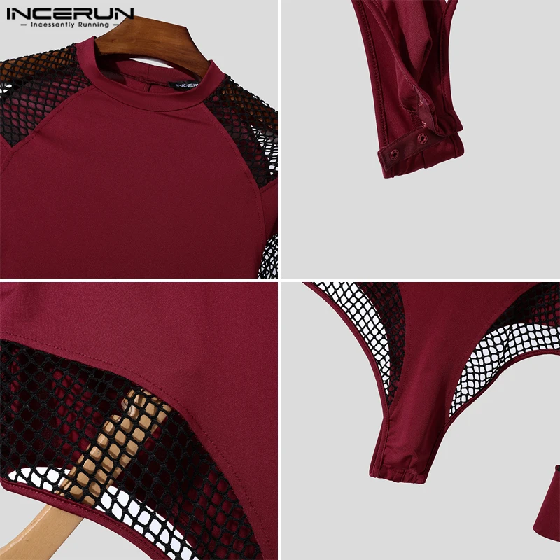 INCERUN Style américain barboteuses Sexy nouveaux hommes col rond combinaisons loisirs mince Patchwork transparent maille à manches longues body