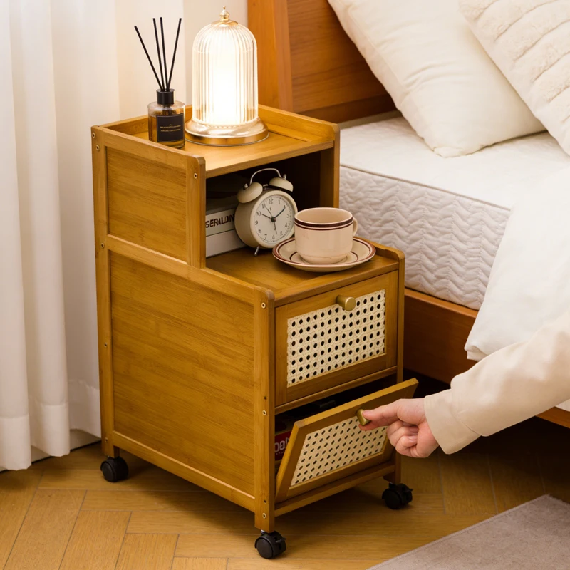 Bamboo bedside table with pulley, small mini minimalist modern shelf, ultra narrow crevice storage cabinet