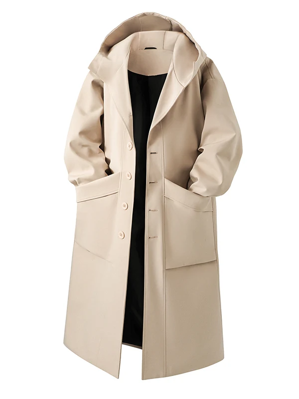 

Khaki Single-Button Hooded Men's Coat Autumn Winter Middle-Length with Big kets Simple Sle Windbreaker Outerwear