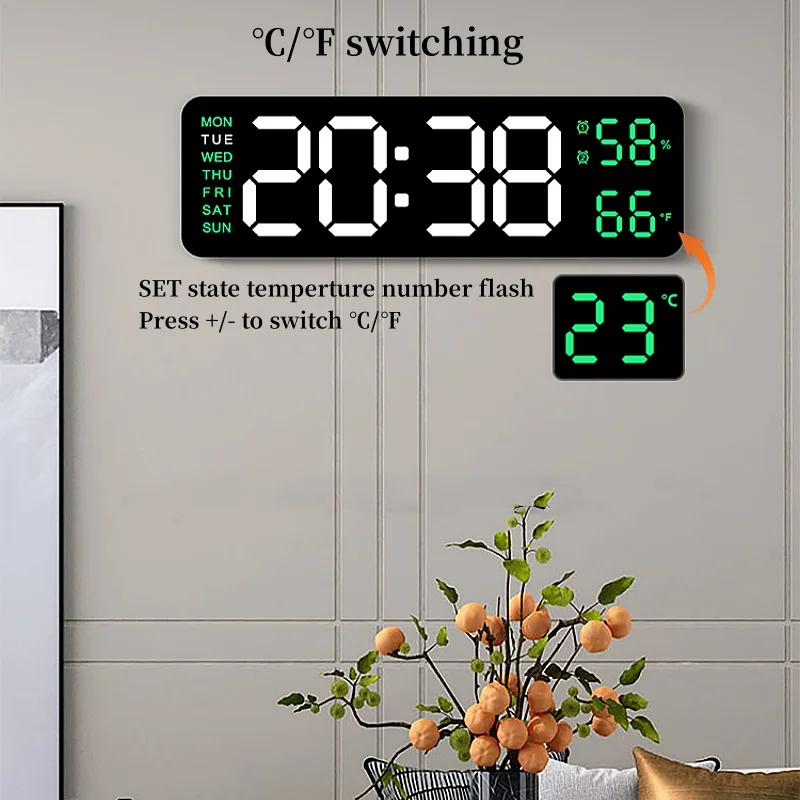 USB Powered 9 Inch Large Digital Wall Clock Temperature Humidity Week 2 Alarm Auto Dimmer Snooze 12/24H DST Desk LED Alarm Clock