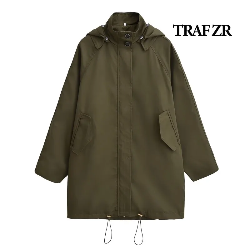 TRAF ZR Long Trench Women\'s Hooded Windbreakers Elegant Luxury Women\'s Coat Green Lady Jackets American Vintage New in Coats