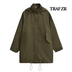 TRAF ZR Long Trench Women's Hooded Windbreakers Elegant Luxury Women's Coat Green Lady Jackets American Vintage New in Coats