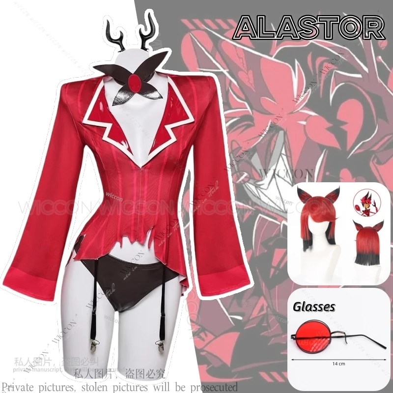 Alastor Cosplay Pruik Oren Hotel Accessoires Halloween Uniform Mannen Damesbadpak Feest Fullset Unisex Bril Demon Lord Party