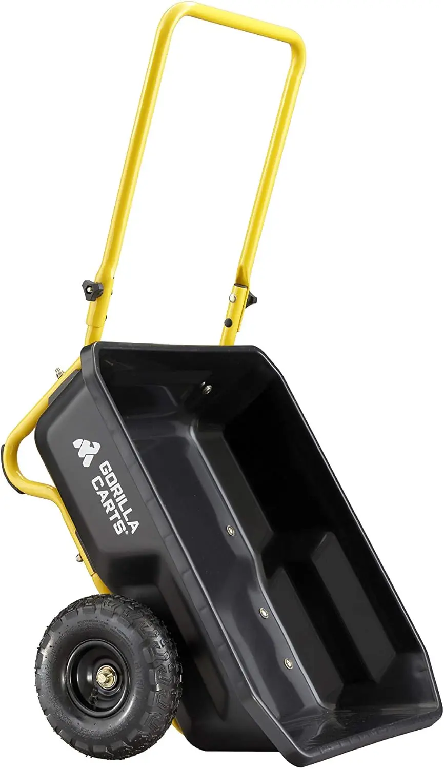 Gcr-4 Poly Dump Cart, 2-Wheel Garden Wagon With Foldable Handle, 4 Cu Ft, 300 Lb. Capacity, Black/Yellow