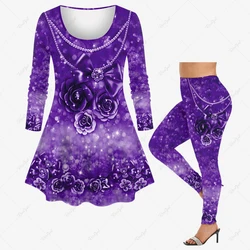 3D Bowknot Colorful Rose Flowers Galaxy Glitter Print Matching Set For Women Daily Casual Long Sleeves T-shirt Or Leggings