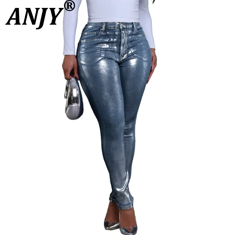 

ANJY, осенняя новая женская одежда, американская мода, узкие эластичные джинсы с горячим тиснением, уличные стильные джинсовые брюки-карандаш A11380