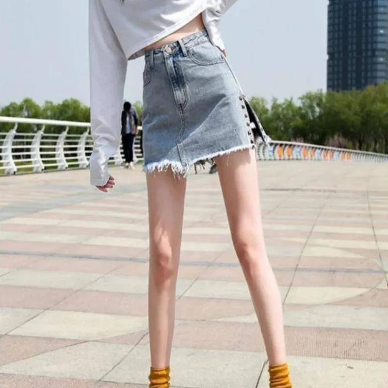 Blue Female Jeans Skirts Chorts with Slit Pants Short Korean Style Luxury Elegant 2025 Trend Chic Summer V Women's Denim Skirt
