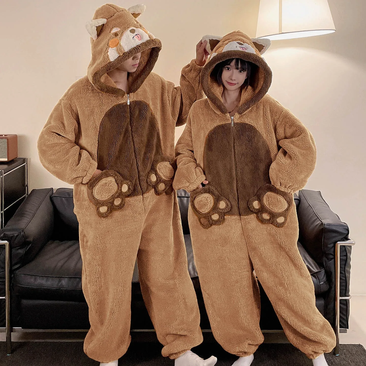 Cartoon Cute Jumpsuit Sleepwear Winter Warm Coral Fleece Pajamas Set for Couples Big Size 3XL 4XL Women and Men Nightwear