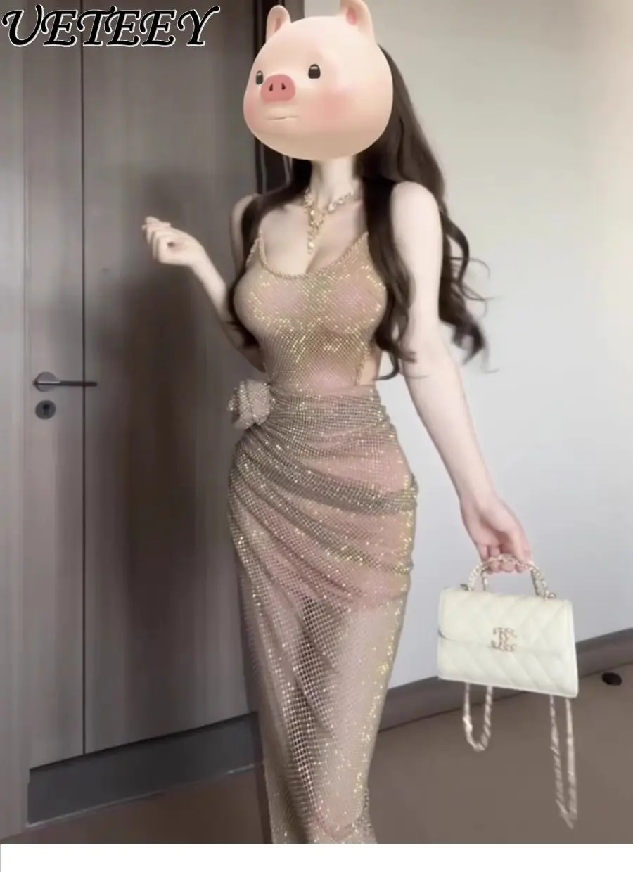 

French Sparkling Sequined Suspender Dress Women's Summer Dress Sexy Hollow Perspective Pure Desire Slim Thin Hip-wrapped Dress
