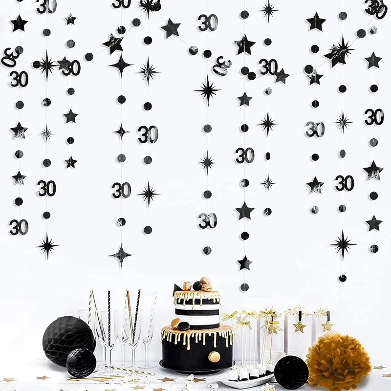 

Black 30th Birthday Banners Decorations Number 30 Circle Star Paper Garland Hanging Streamer for 30th Anniversary Party Supplies