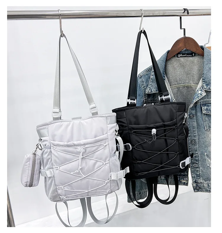 Women's Shoulder Bag Fashion Commuter Nylon Multi-function Backpack Drawstring Zipper Solid Color Handbag Personality All-match