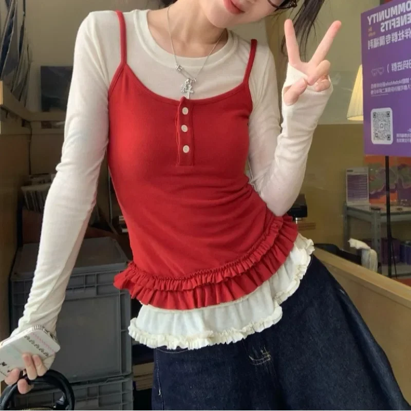 2025 Spring New Korean O-neck Solid Color Casual Long-sleeved T-shirt Women + Ruffled Sexy Slim Camisole Two-piece Suit