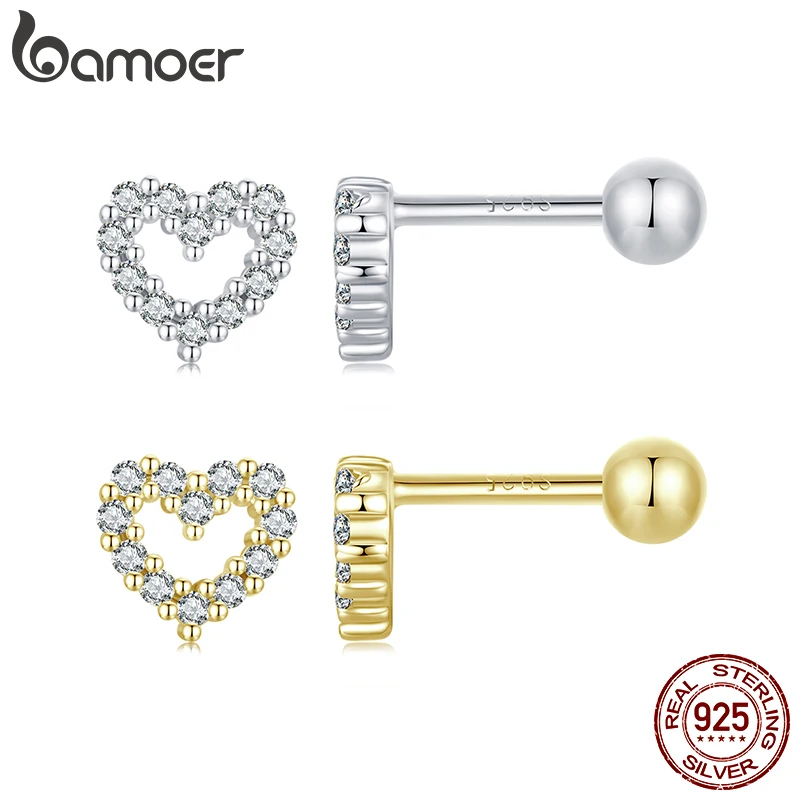 Pendientes BAMOER auténticos de Plata de Ley 925 para mujer, bonitos pendientes de corazón, joyería de compromiso de boda CZ transparente brillante