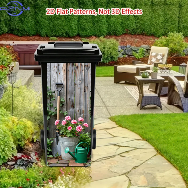 [2D Flat Printing]/Trash Can Sticker, Bucket Flower Shovel Pot Garden Design, Matte Surface Suitable for Indoor And Outdoor De