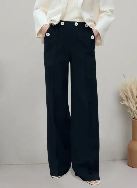 

Autumn Solid Color High Waisted Button Decoration Side Zipper Straight Leg Suit Pants for Women's Fashion Straight Leg Pants