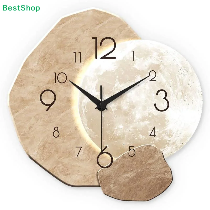 Modern Simple Silent Wall Clock, Moon Design - Quartz Movement, Wooden Material, For Bedroom, Living Room Or Office Decoration