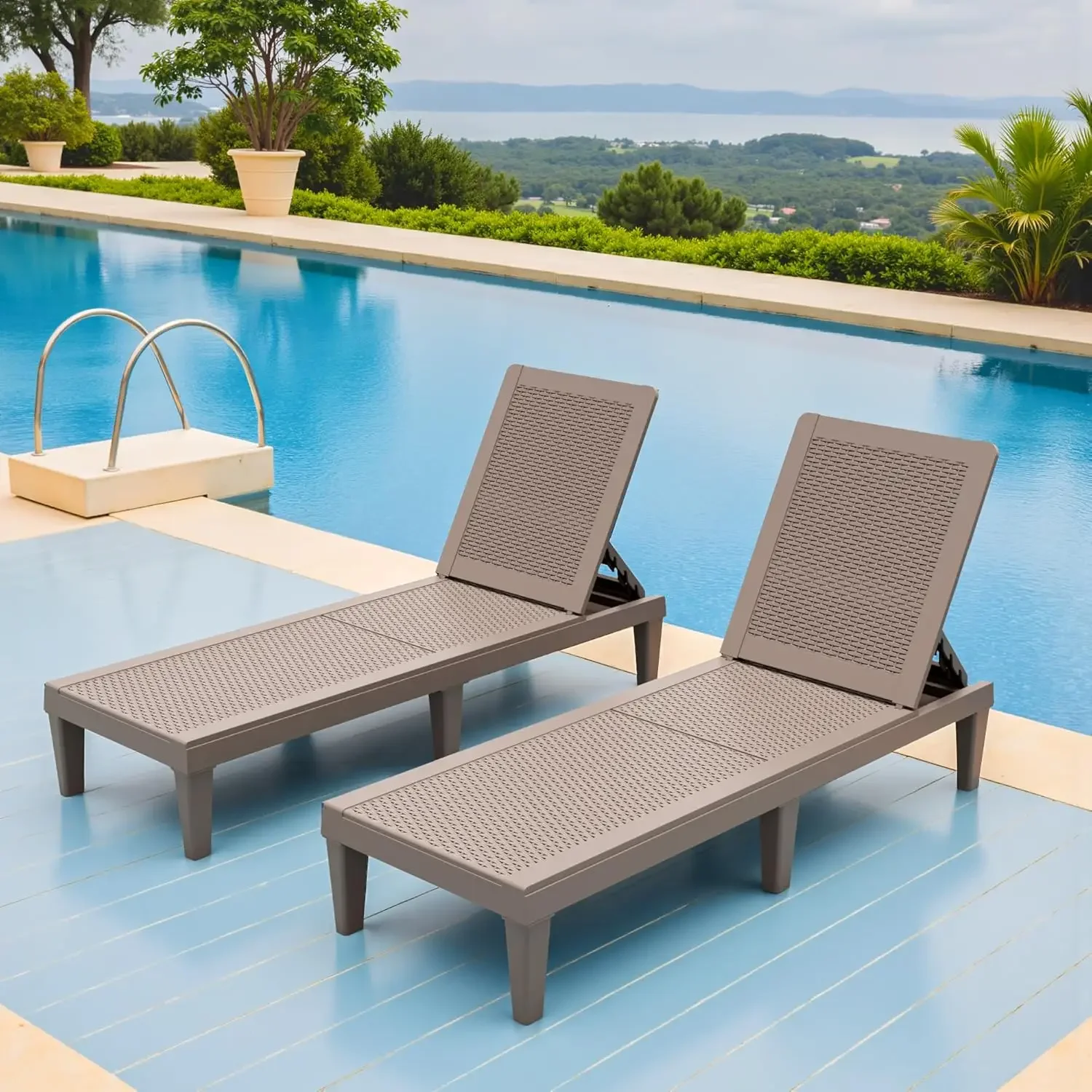 [سعر مخفض! ]طقم كراسي استرخاء خارجية مكونة من قطعتين مع مسند ظهر قابل للتعديل مكون من 5 أوضاع، وكراسي استلقاء للتشمس PP مقاومة للماء