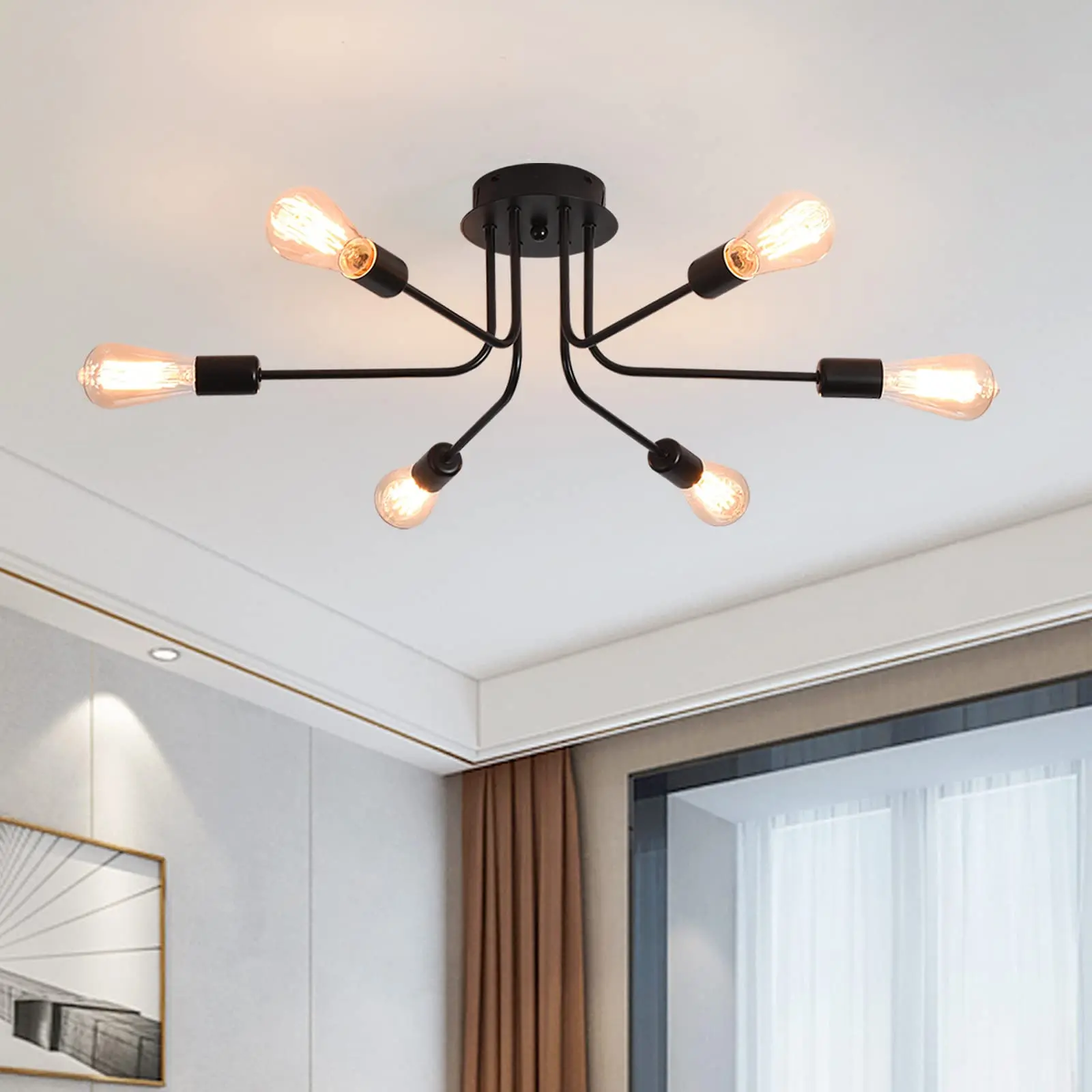 

Modern Sputnik Ceiling Light, 6 Lights Rustic Black Semi Flush Mount Chandeliers, Industrial Ceiling Lamp Fixture for Room