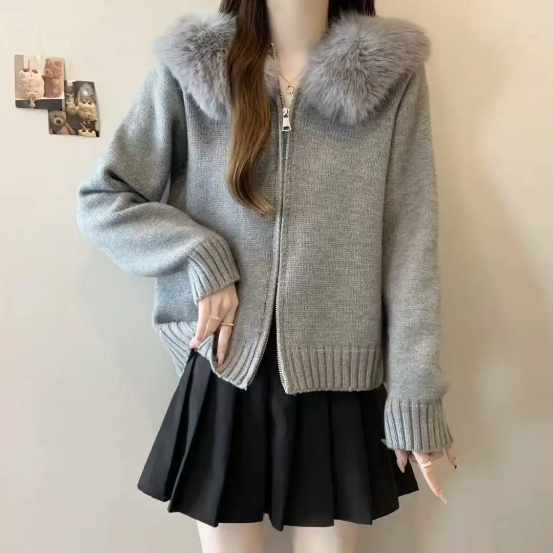 

Design Sense Autumn and Winter New Jacket Women's Zipper Fox Fur Collar Hooded Casual Knitted Sweater Cardigan