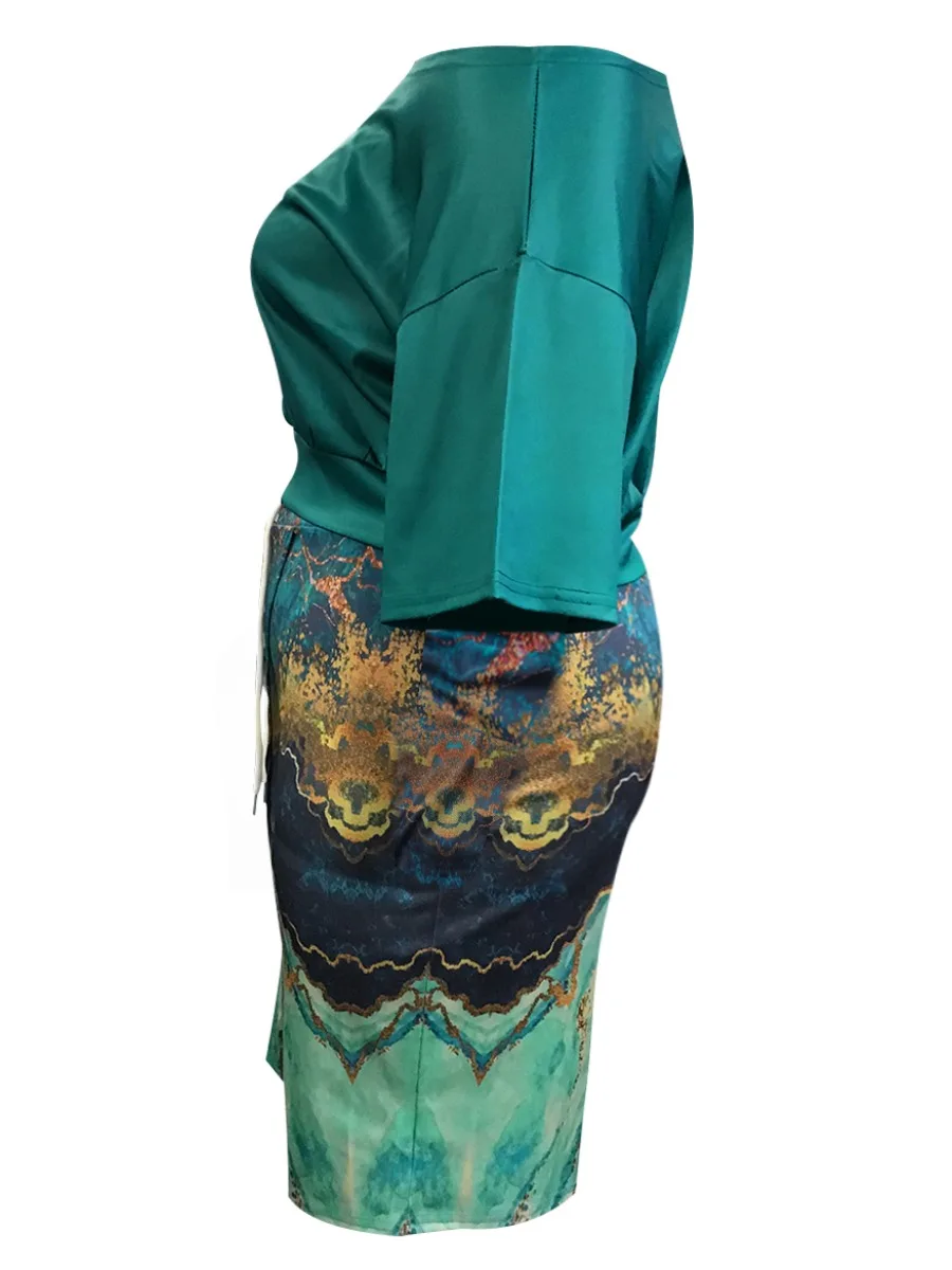 LW Multicolor Two Pieces Dresses Suits BASICS Mixed Print Elegant 2pcs Matching Outfits One Shoulder Top&Drawstring Slit Skirt