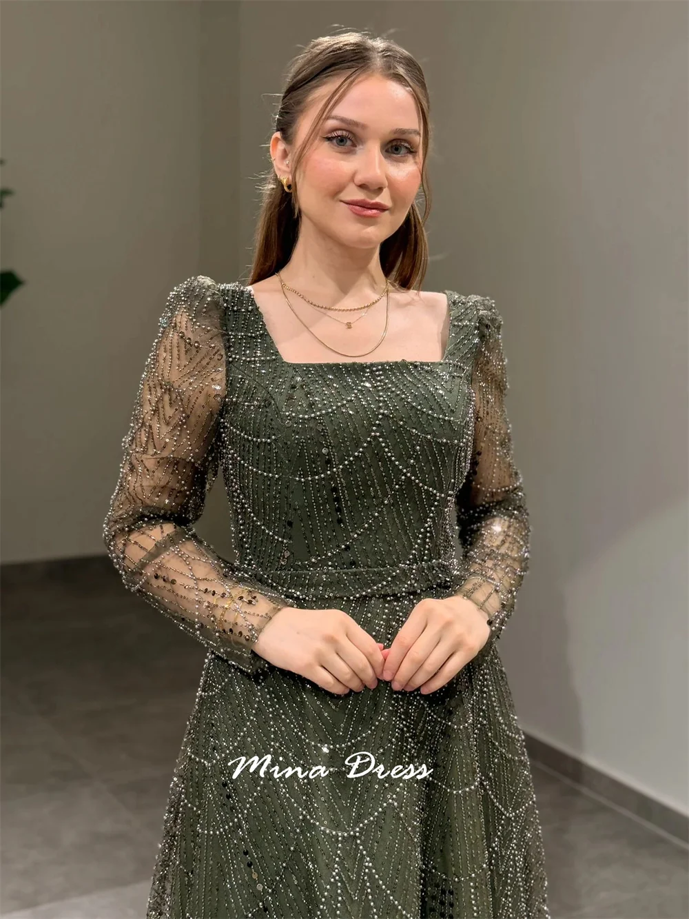 فساتين نسائية أنيقة من خرز مينا مخصص للمناسبات الخاصة بياقة مربعة ترتر فستان سهرة عربي فستان حفلات فاخر #2
