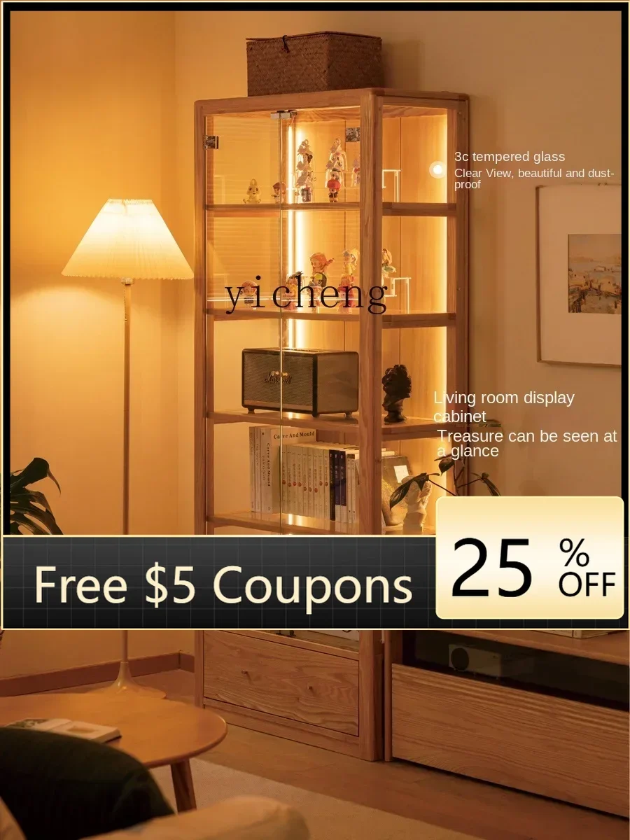 

A1 Solid Wood Bookcase Floor Glass Door Bookshelf Hand-Made Display Log Simple Storage Cinet