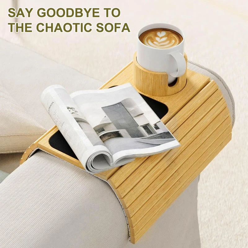 Foldable multifunctional sofa cup holder, natural anti slip bamboo sofa armrest tray for placing cups, remote control