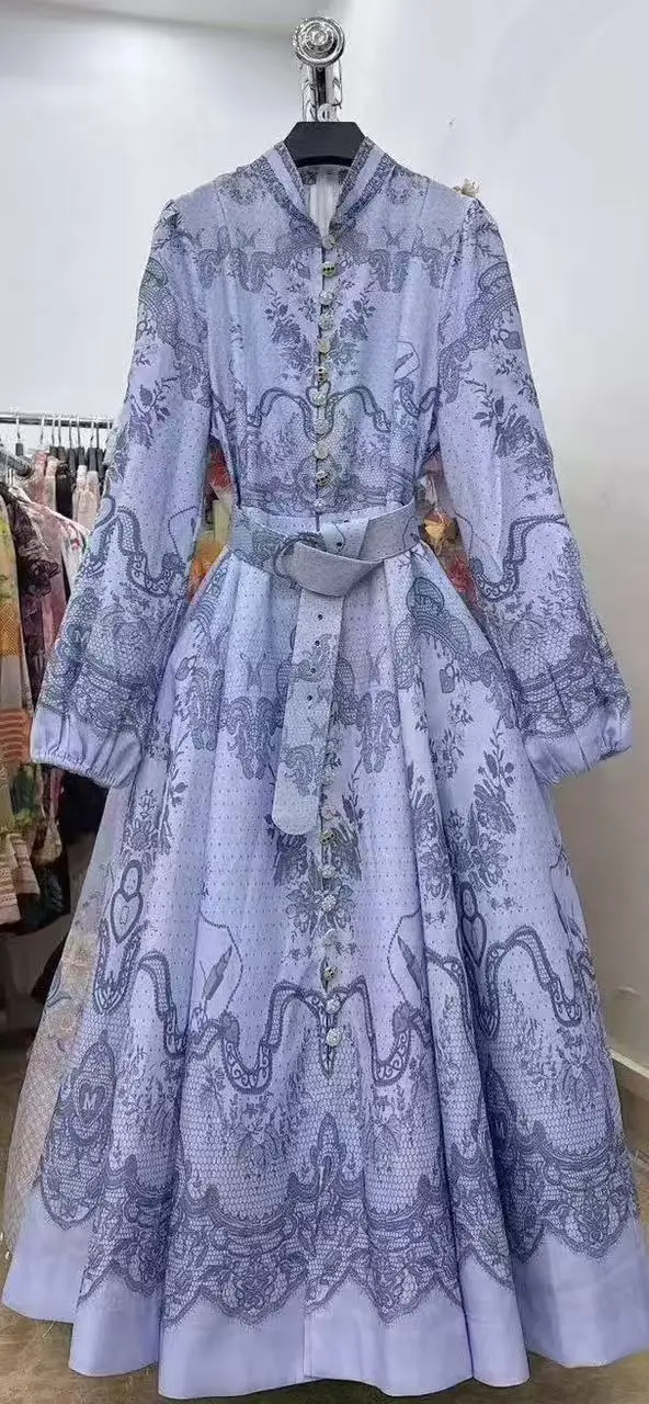 

2025 Summer and Autumn Women's Stand up Collar Lantern Long Sleeve Strap up Waist Large Printed jumpsuit Short Skirt