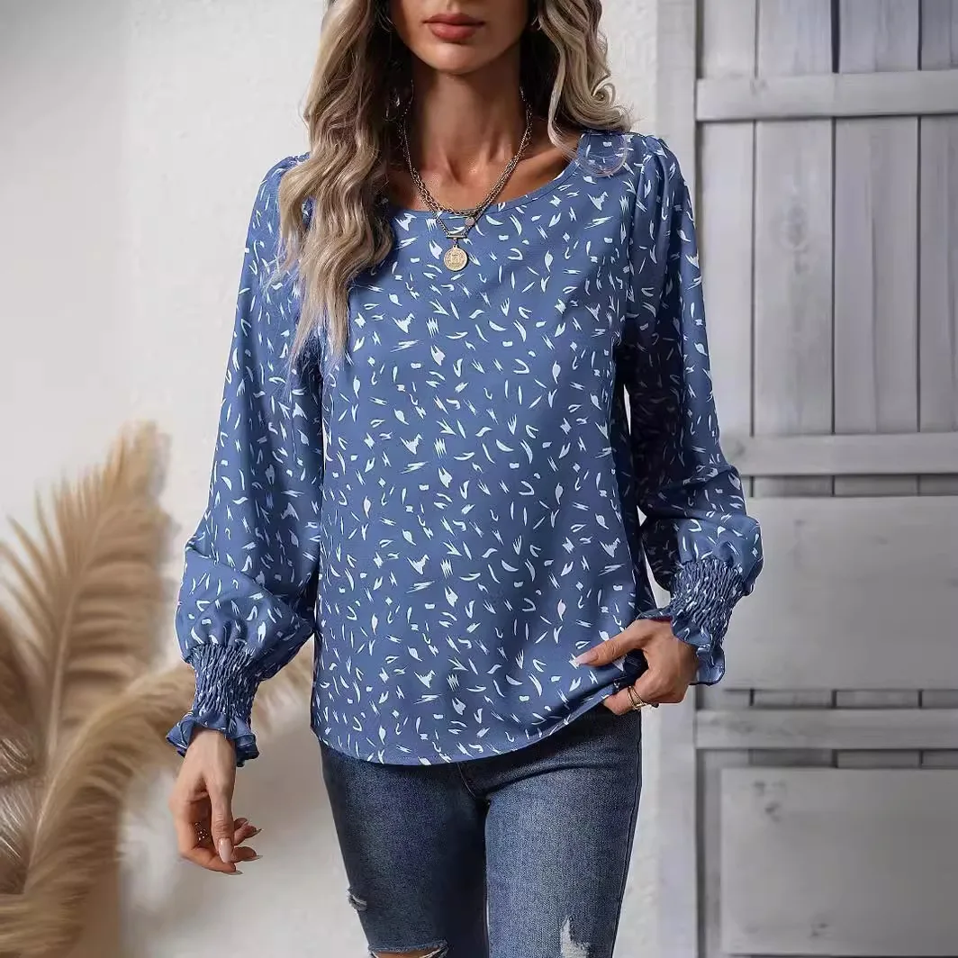 Shirt Round Neck Bubble Sleeves Leopard Print Chiffon Shirt Commuter Top Women's