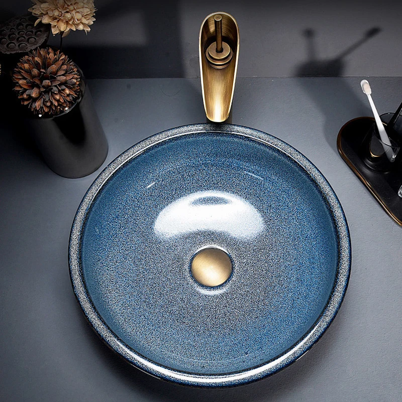 ZAPPO Round Vessel Sink with Faucet Drain JinDezhen Ceramic Vessel Sinks Oval Bathroom Sink Bowl Above Counter with Mixer Tap