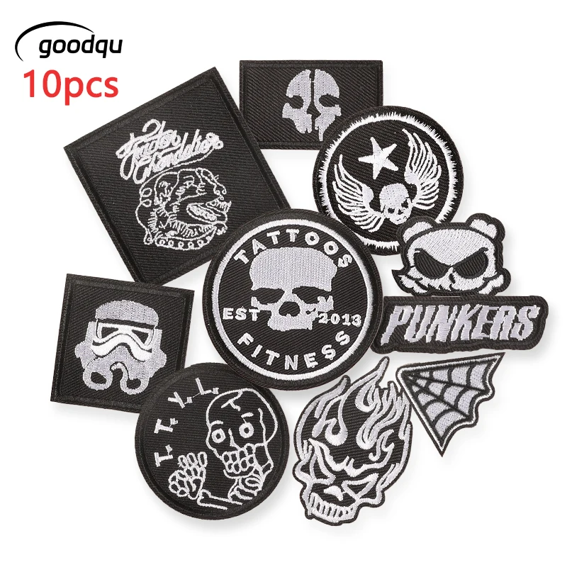 10pcs Lot Skull Iron On Patches For Clothes Embroidered Sew Bulk Parches Fabric Outdoor Mochila Jacket Diy Stitch Thermal Rock