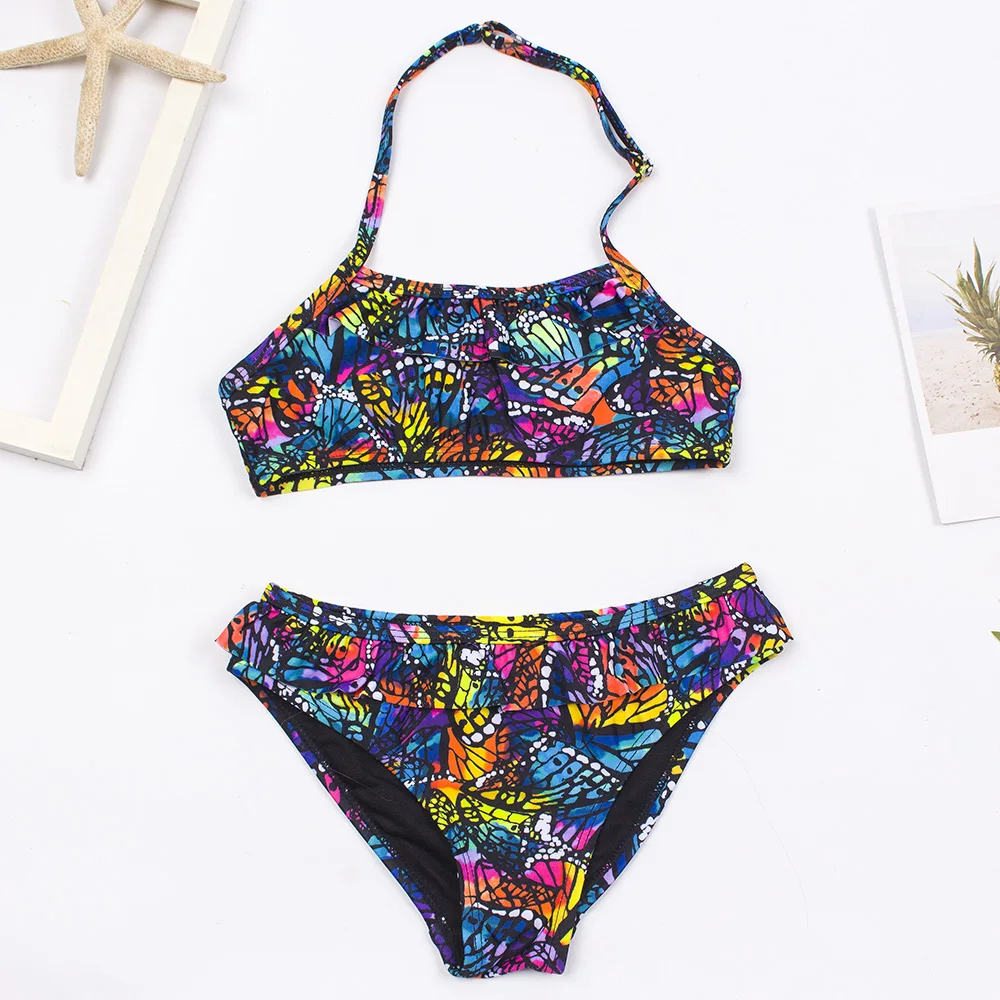 7-14 Years Falbala Print Girls Kids Swimsuit Swimwear 2024 Kid Summer Bikinis Set Children Halter Biquini Swimming Suit A318