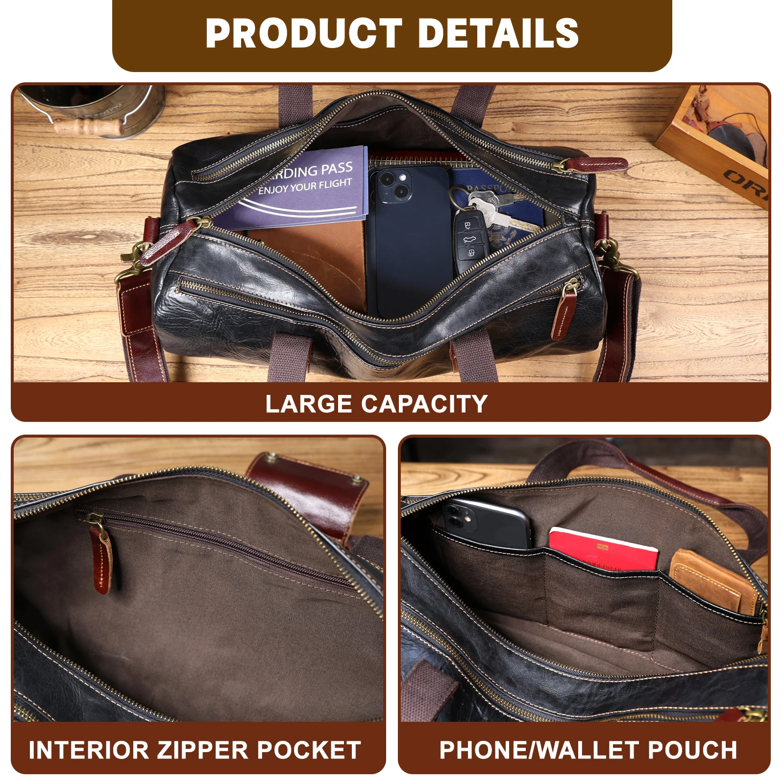 Echte Leder-Umhängetasche für Herren, Crossbody-Sporttasche aus pflanzlich gegerbtem Leder, modischer Casual-Stil, einfache Rindsledertasche – Detail 13