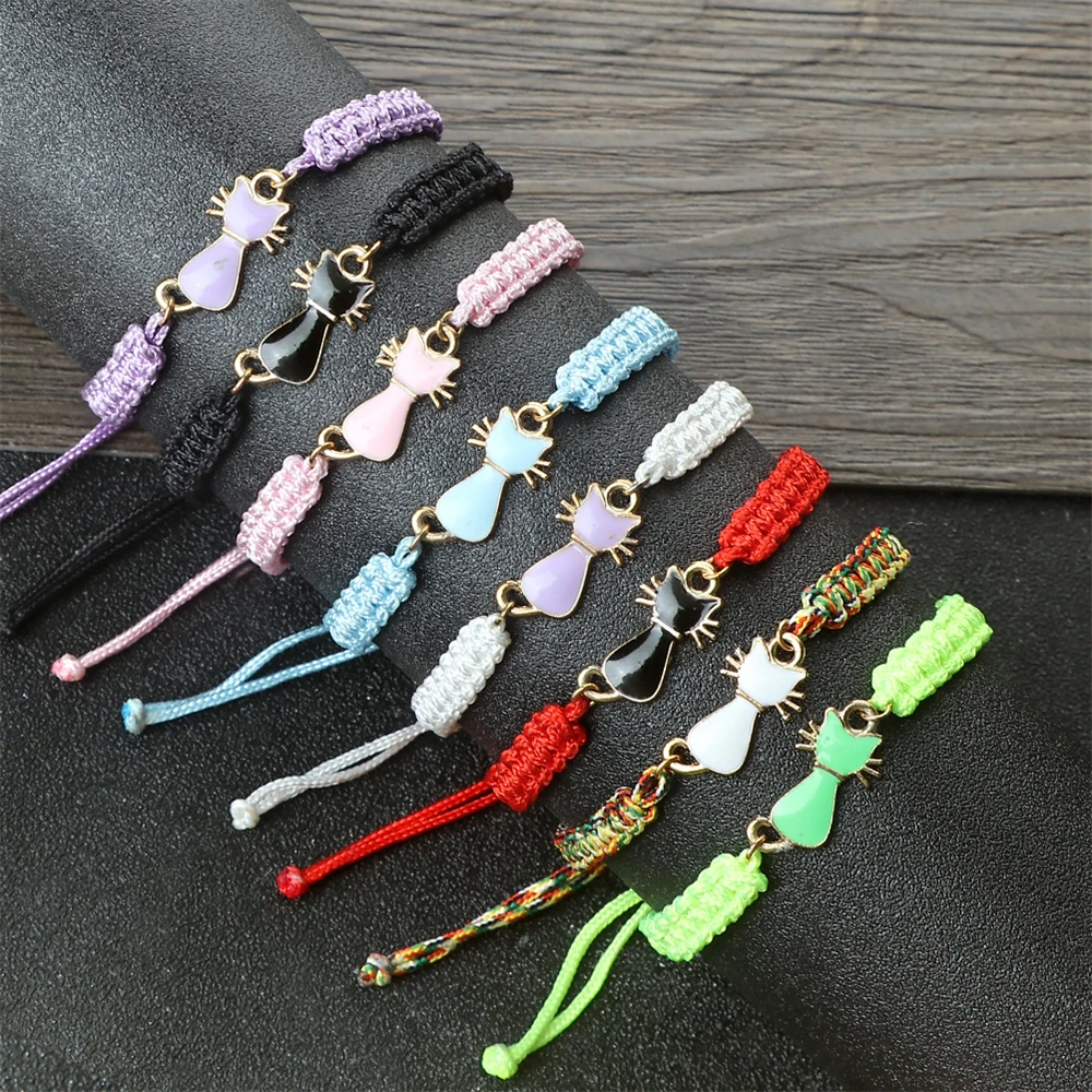 Lucky Red Black Rope Bracelets Handmade Woven Adjustable Wristband Fashion Cute Enamel Cats Pendant Jewelry Gifts for Men Women